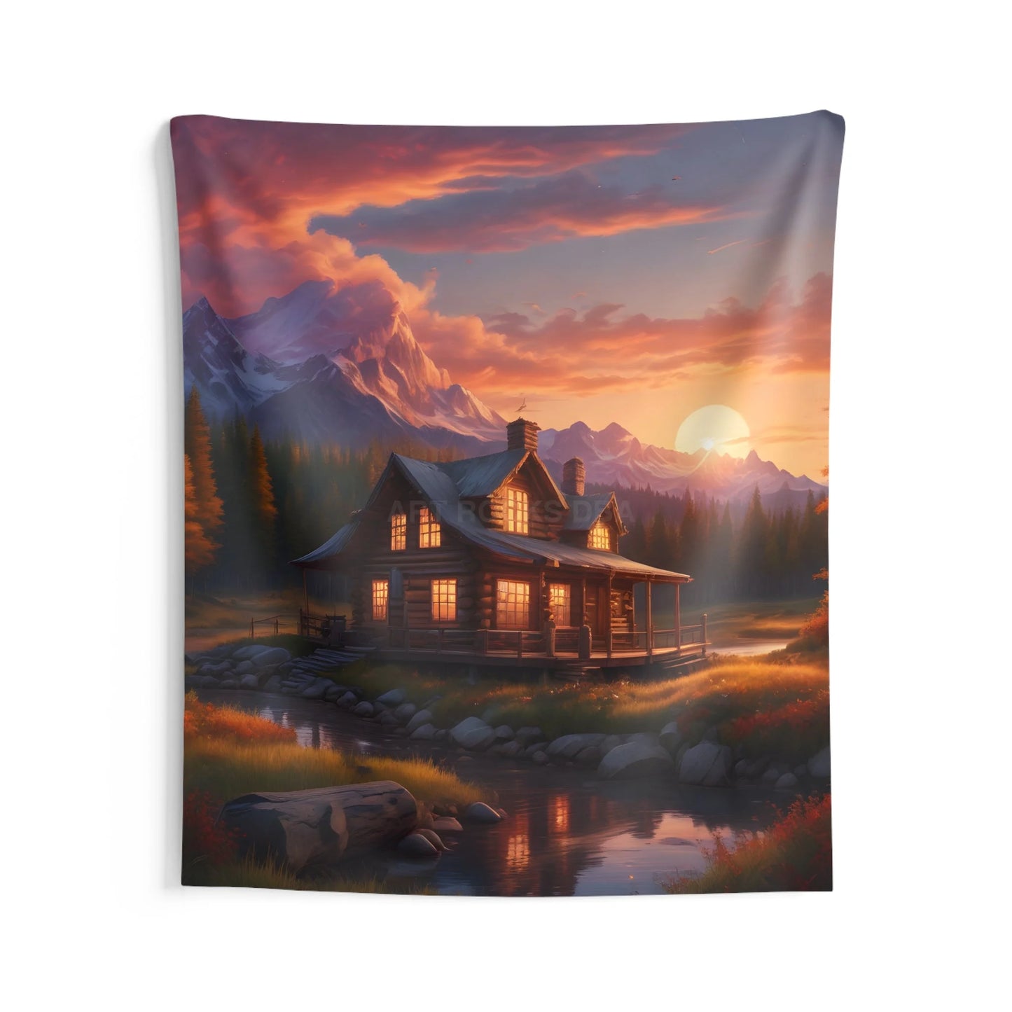 Cozy Cabin Sunset Wall Tapestry - Rustic Home Decor Boho Bedroom Wall Art Nature Landscape Tapestry Cozy Living Room