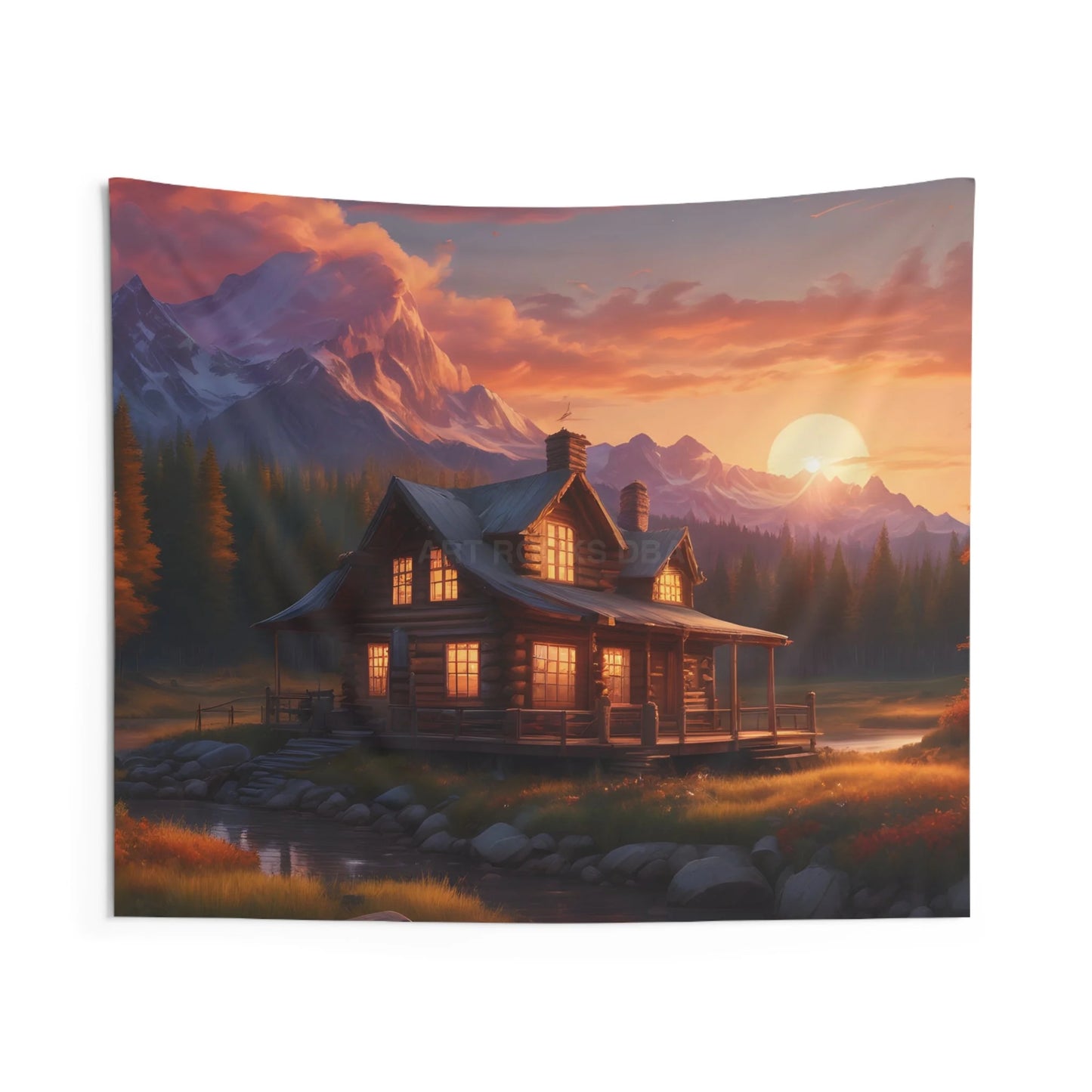 Cozy Cabin Sunset Wall Tapestry - Rustic Home Decor Boho Bedroom Wall Art Nature Landscape Tapestry Cozy Living Room