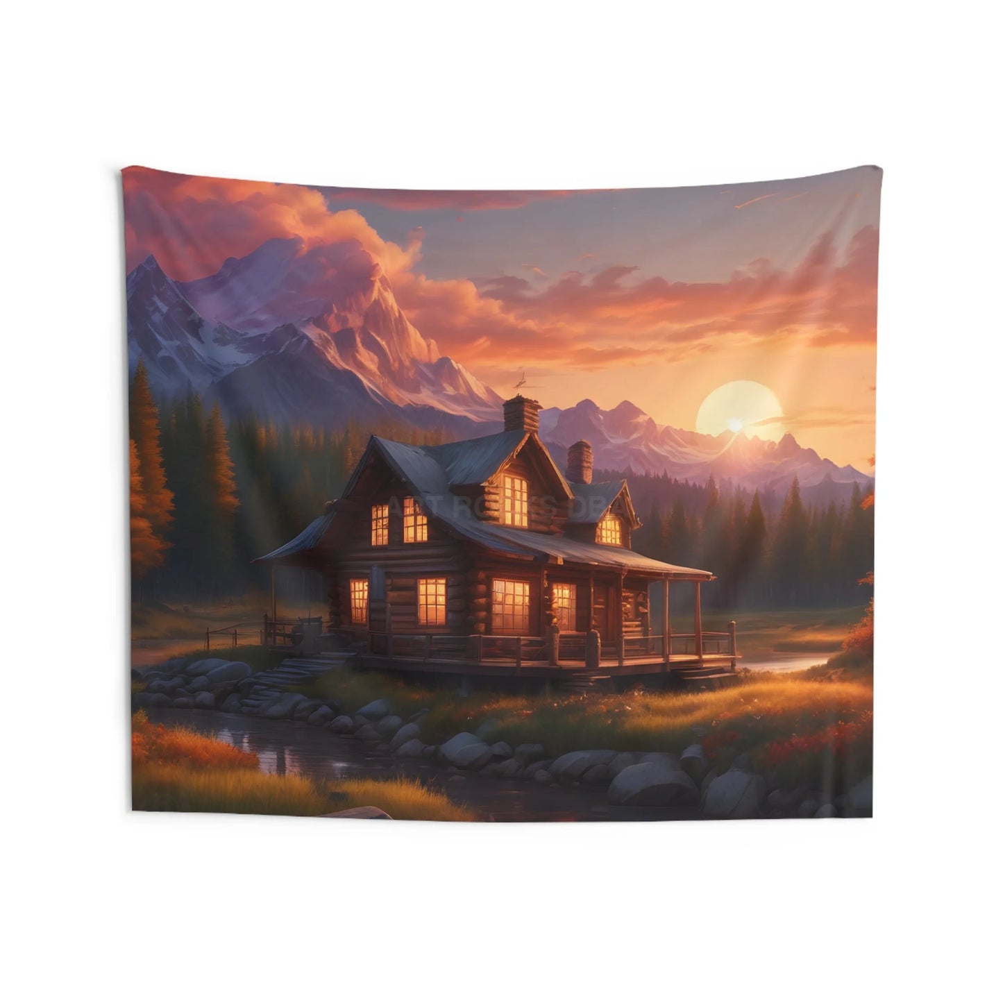 Cozy Cabin Sunset Wall Tapestry - Rustic Home Decor Boho Bedroom Wall Art Nature Landscape Tapestry Cozy Living Room