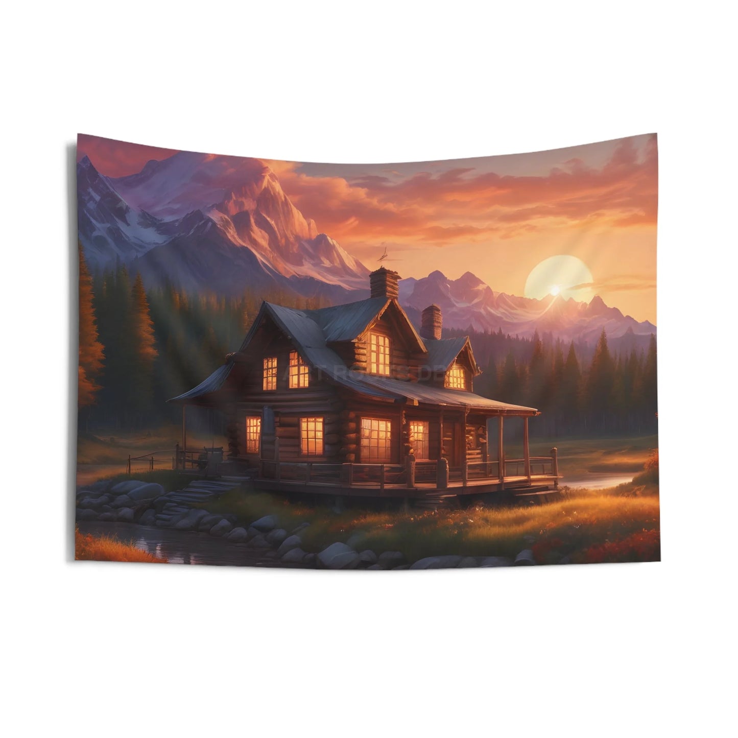 Cozy Cabin Sunset Wall Tapestry - Rustic Home Decor Boho Bedroom Wall Art Nature Landscape Tapestry Cozy Living Room