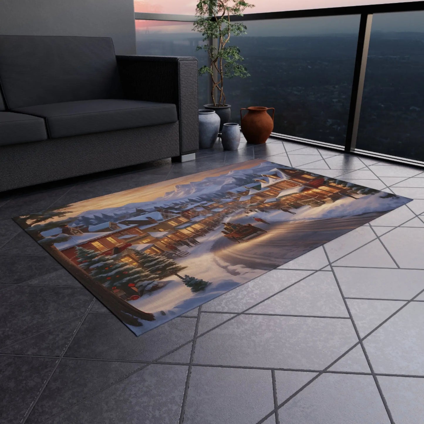 Cozy Christmas Town Painting Style Outdoor Rug Holiday Decor Winter Outdoor Mat Christmas Gift Patio Rug Seasonal