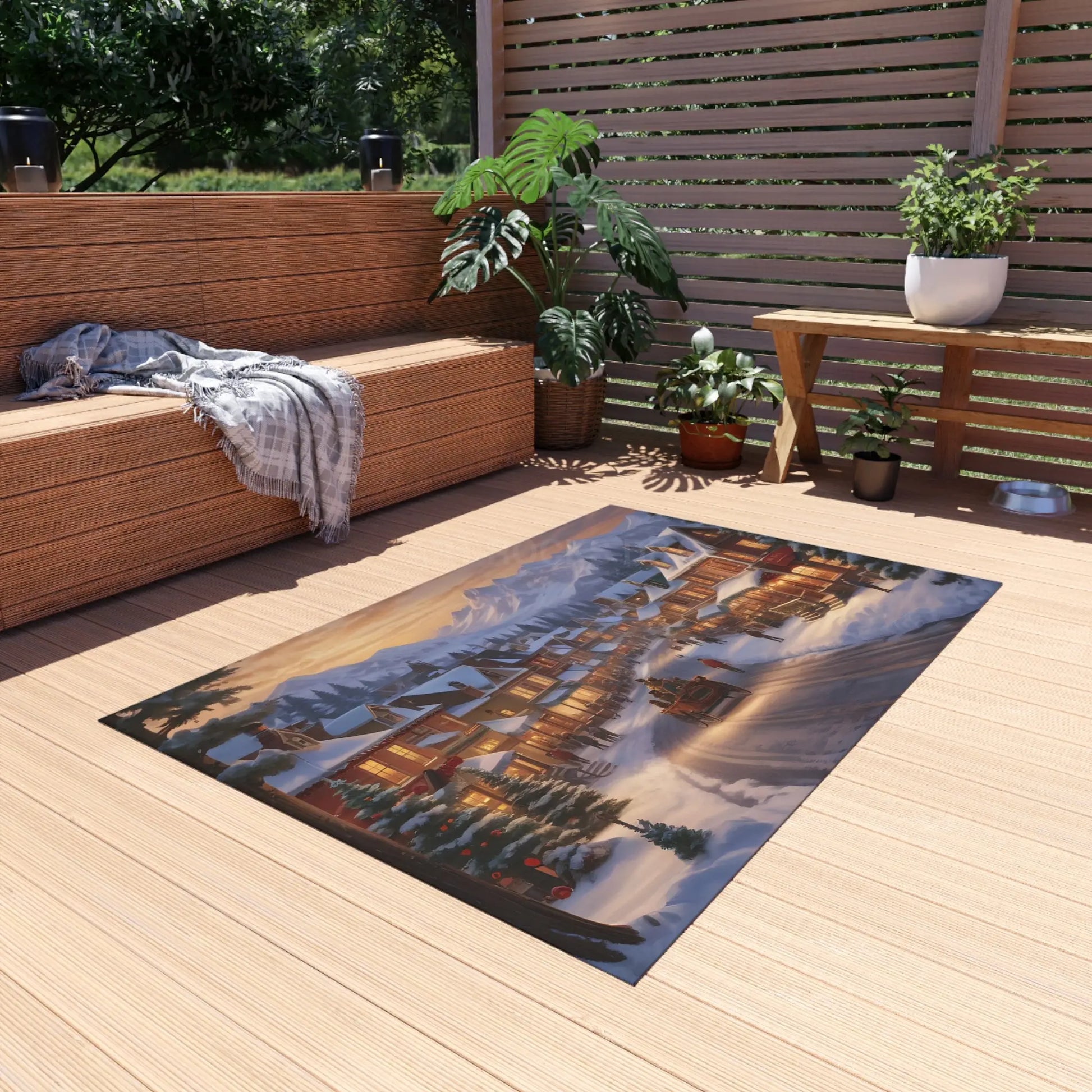 Cozy Christmas Town Painting Style Outdoor Rug Holiday Decor Winter Outdoor Mat Christmas Gift Patio Rug Seasonal