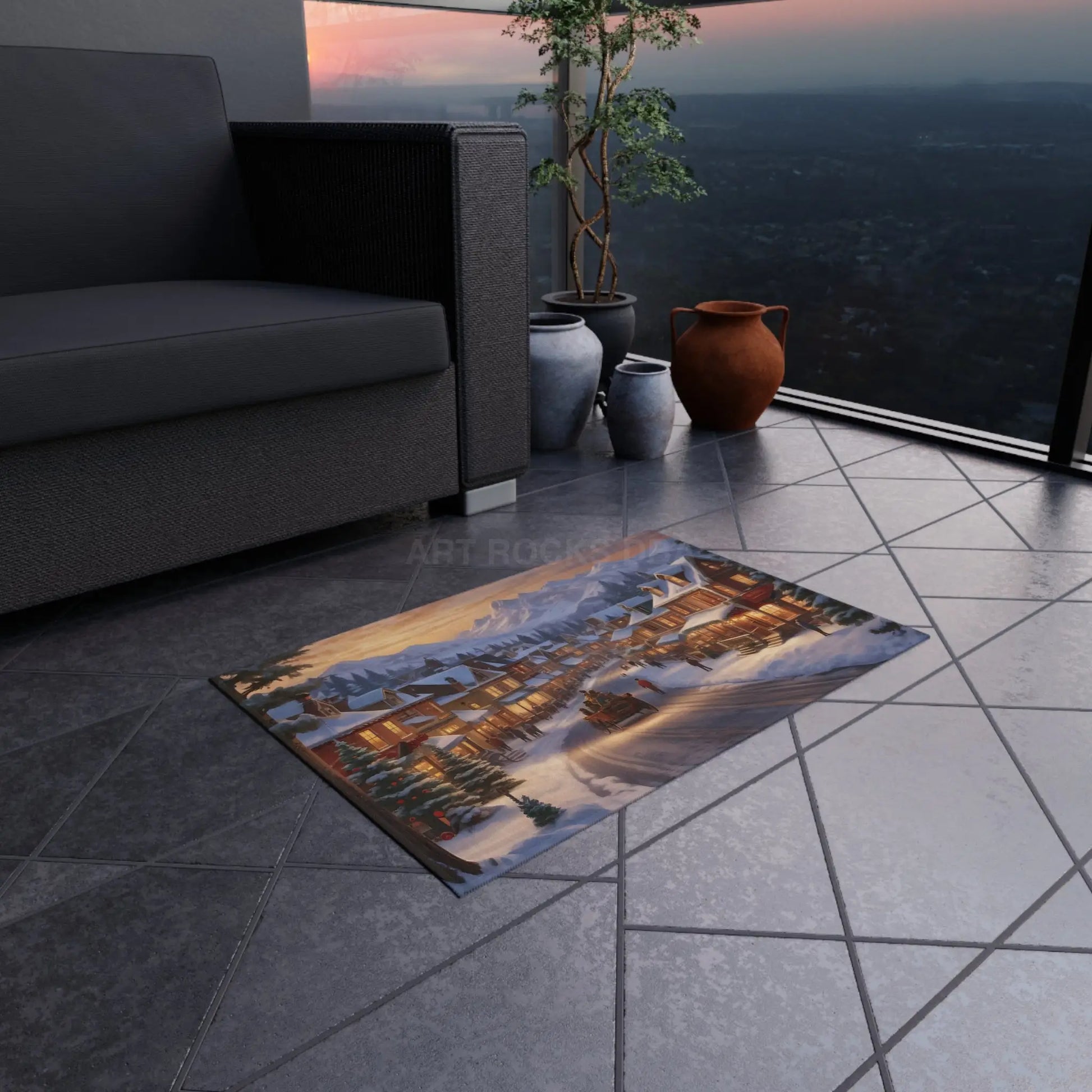 Cozy Christmas Town Painting Style Outdoor Rug Holiday Decor Winter Outdoor Mat Christmas Gift Patio Rug Seasonal