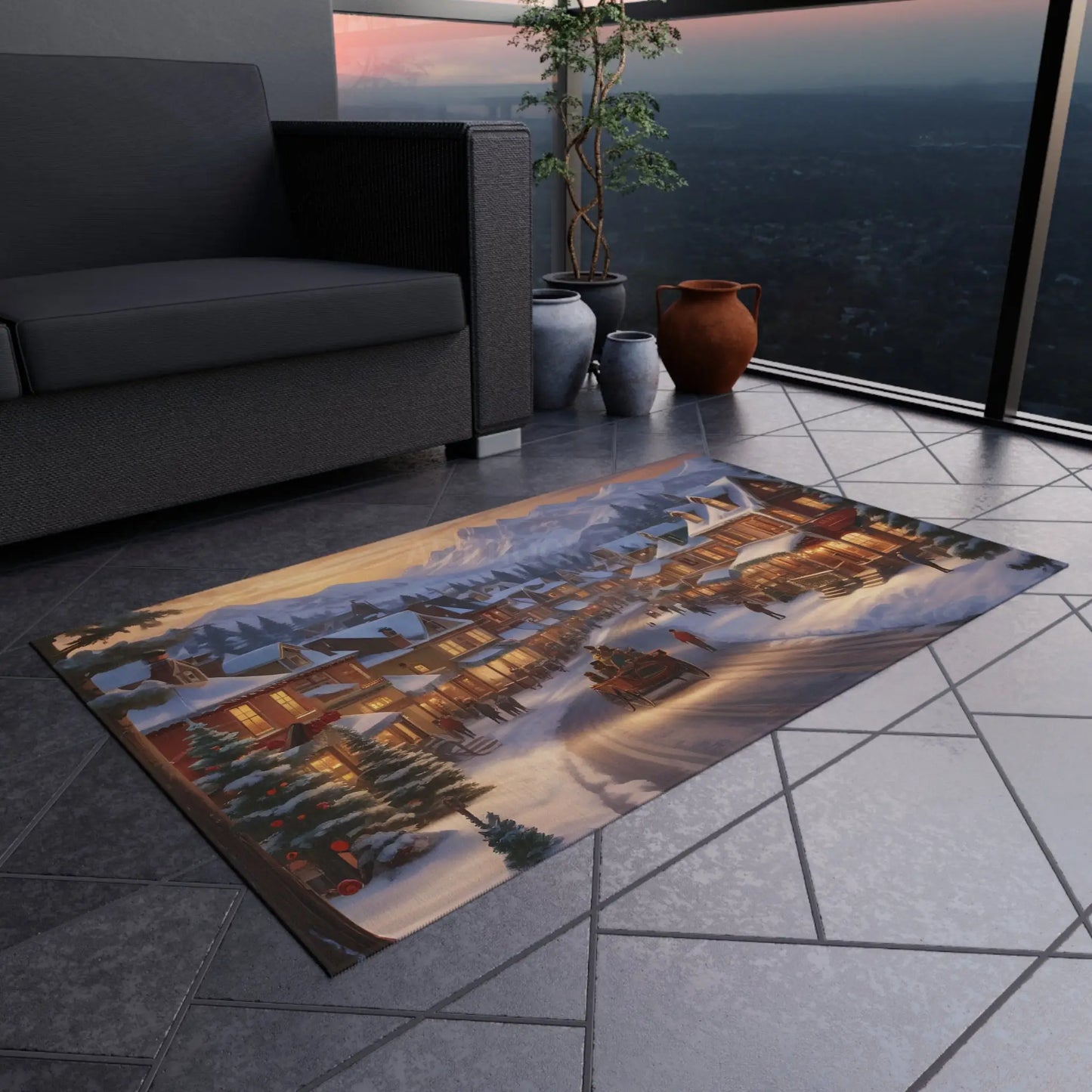 Cozy Christmas Town Painting Style Outdoor Rug Holiday Decor Winter Outdoor Mat Christmas Gift Patio Rug Seasonal