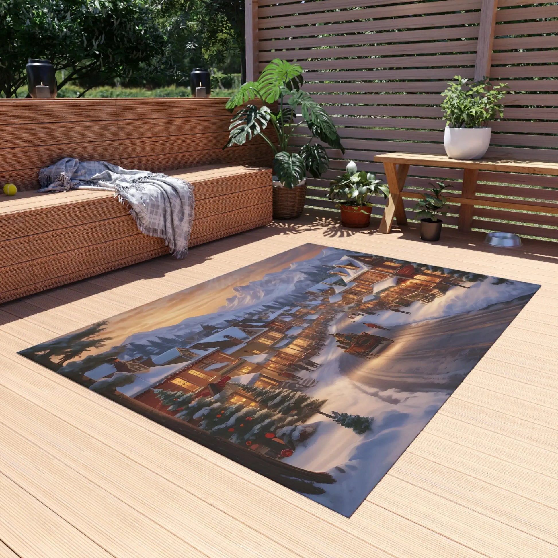 Cozy Christmas Town Painting Style Outdoor Rug Holiday Decor Winter Outdoor Mat Christmas Gift Patio Rug Seasonal