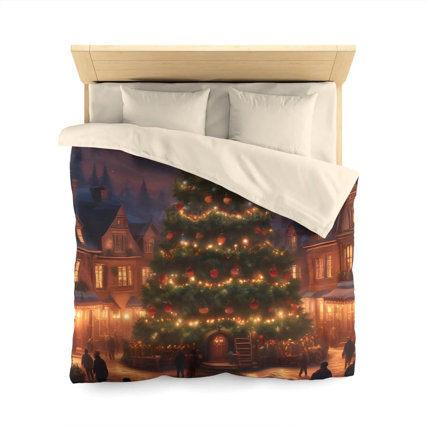 Cozy Christmas Tree in Town Square Microfiber Duvet Cover Holiday Bedding Christmas Decor Winter Wonderland Yuletide