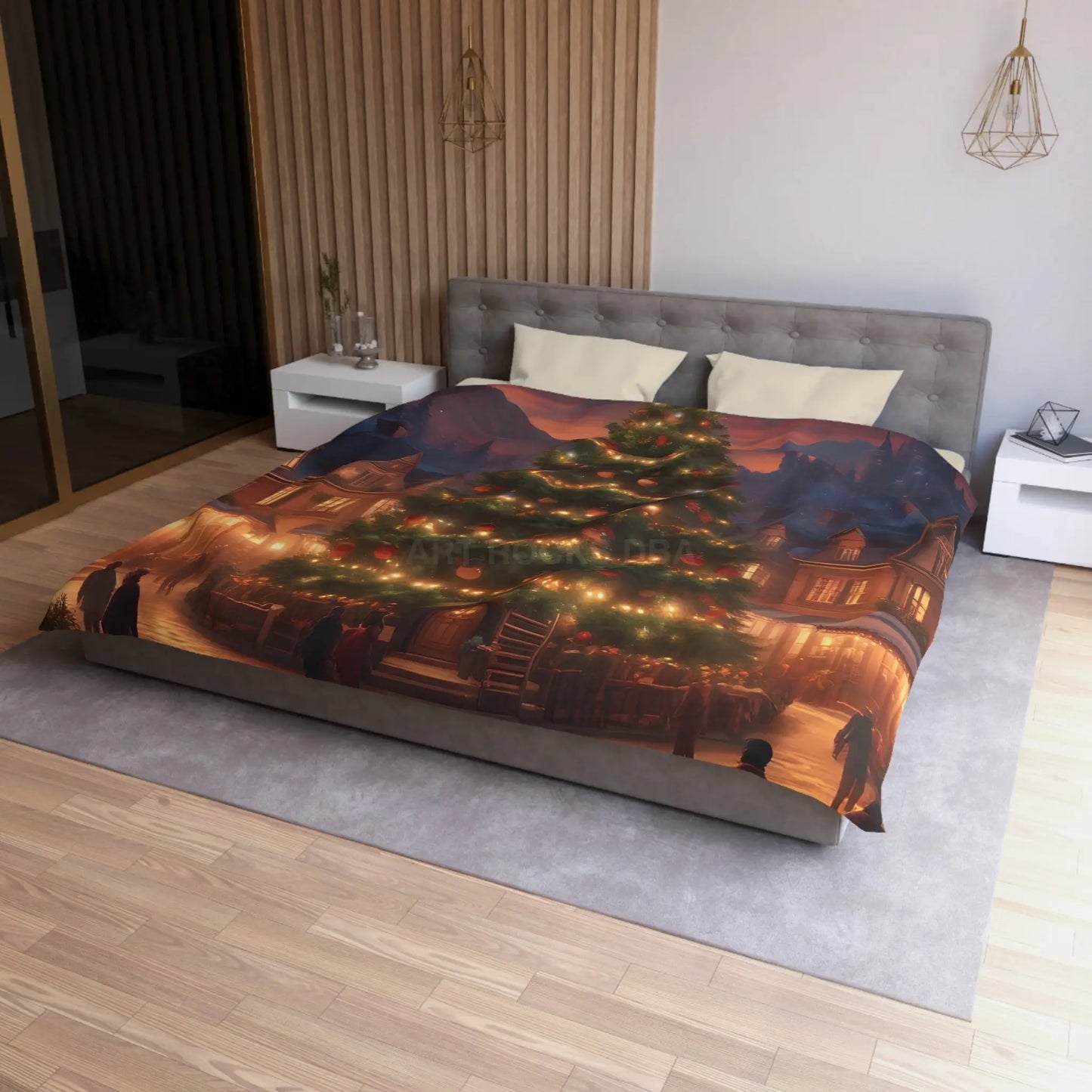 Cozy Christmas Tree in Town Square Microfiber Duvet Cover Holiday Bedding Christmas Decor Winter Wonderland Yuletide