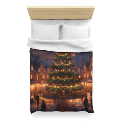 Cozy Christmas Tree in Town Square Microfiber Duvet Cover Holiday Bedding Christmas Decor Winter Wonderland Yuletide