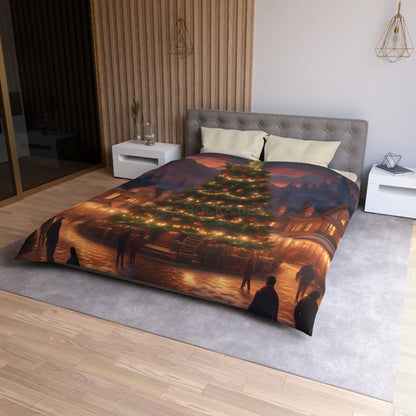 Cozy Christmas Tree in Town Square Microfiber Duvet Cover Holiday Bedding Christmas Decor Winter Wonderland Yuletide