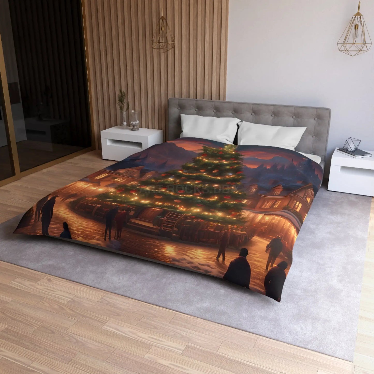 Cozy Christmas Tree in Town Square Microfiber Duvet Cover Holiday Bedding Christmas Decor Winter Wonderland Yuletide