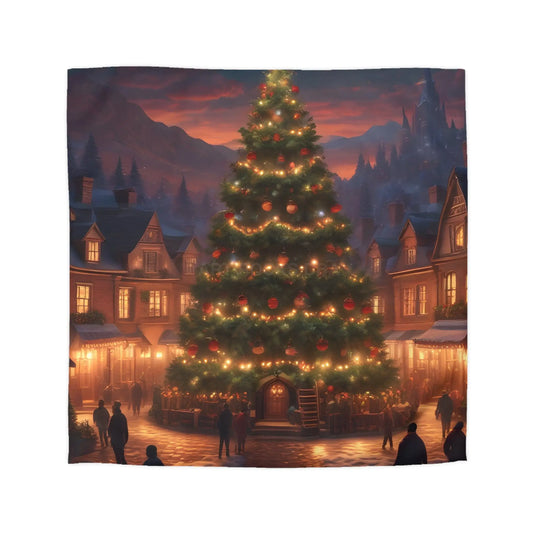 Cozy Christmas Tree in Town Square Microfiber Duvet Cover Holiday Bedding Christmas Decor Winter Wonderland Yuletide