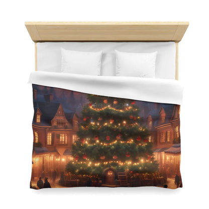 Cozy Christmas Tree in Town Square Microfiber Duvet Cover Holiday Bedding Christmas Decor Winter Wonderland Yuletide