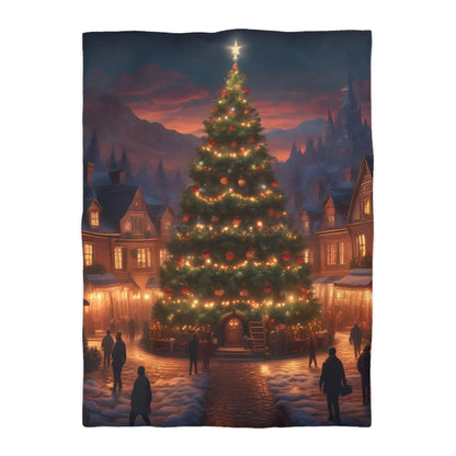 Cozy Christmas Tree in Town Square Microfiber Duvet Cover Holiday Bedding Christmas Decor Winter Wonderland Yuletide