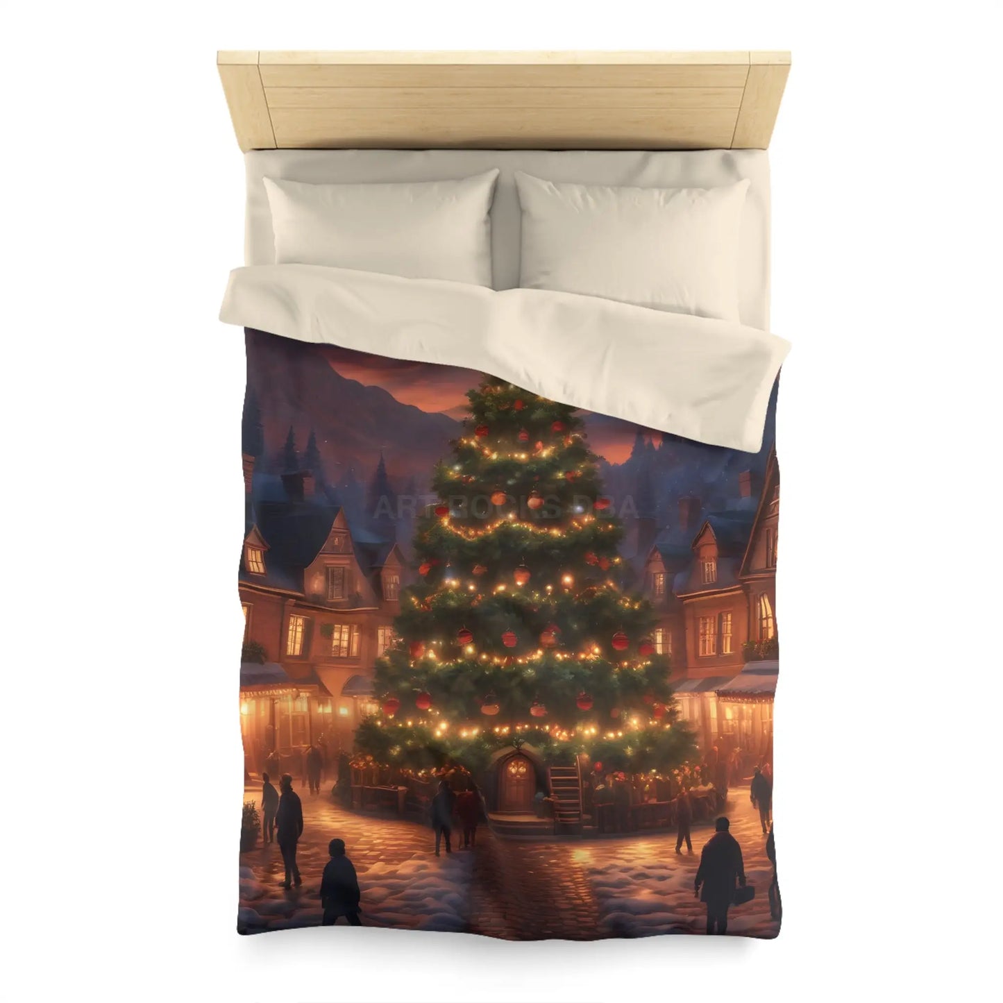 Cozy Christmas Tree in Town Square Microfiber Duvet Cover Holiday Bedding Christmas Decor Winter Wonderland Yuletide