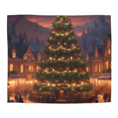 Cozy Christmas Tree in Town Square Microfiber Duvet Cover Holiday Bedding Christmas Decor Winter Wonderland Yuletide