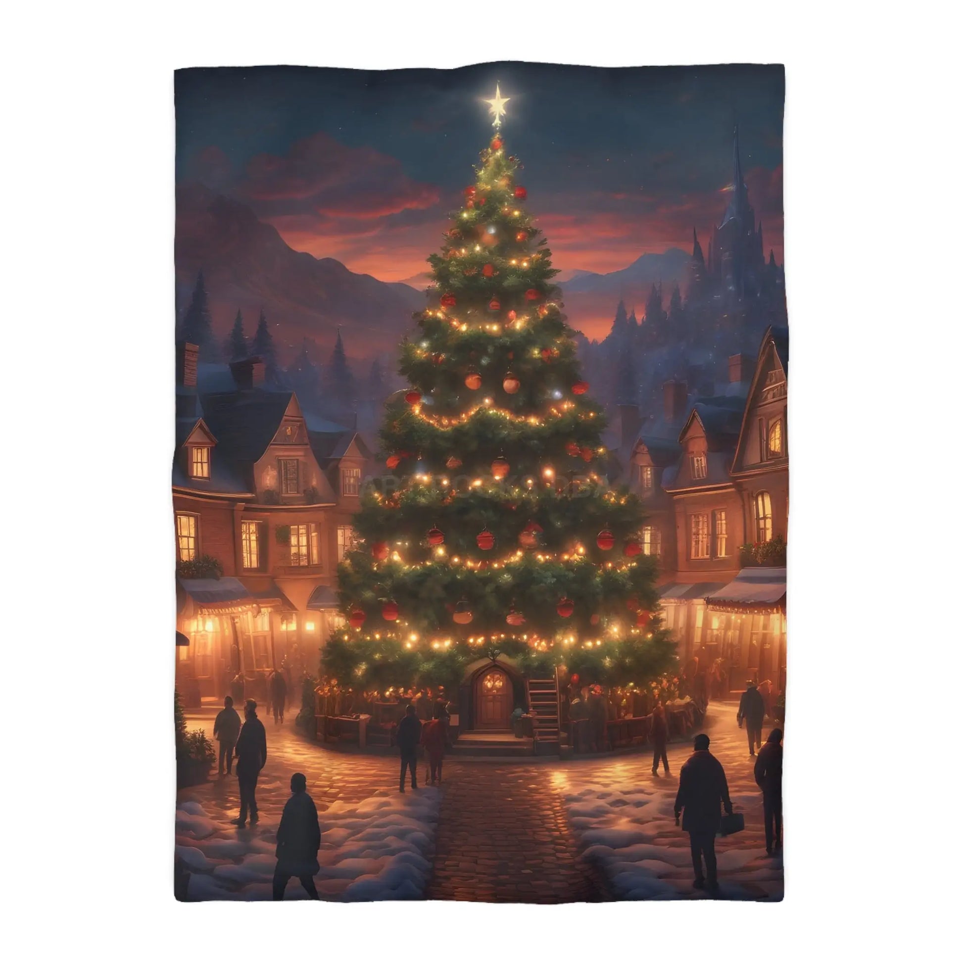 Cozy Christmas Tree in Town Square Microfiber Duvet Cover Holiday Bedding Christmas Decor Winter Wonderland Yuletide