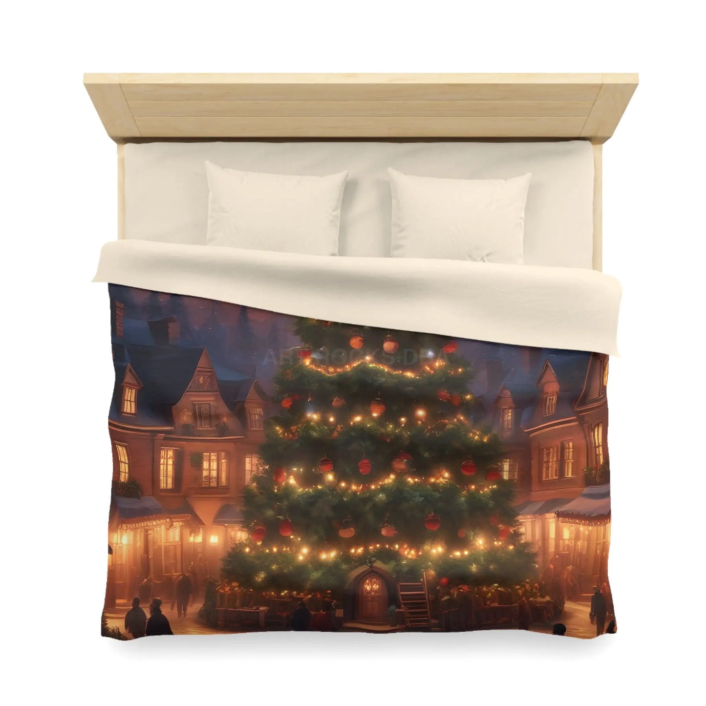Cozy Christmas Tree in Town Square Microfiber Duvet Cover Holiday Bedding Christmas Decor Winter Wonderland Yuletide