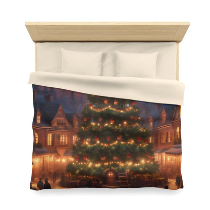 Cozy Christmas Tree in Town Square Microfiber Duvet Cover Holiday Bedding Christmas Decor Winter Wonderland Yuletide