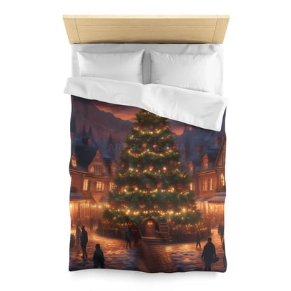 Cozy Christmas Tree in Town Square Microfiber Duvet Cover Holiday Bedding Christmas Decor Winter Wonderland Yuletide
