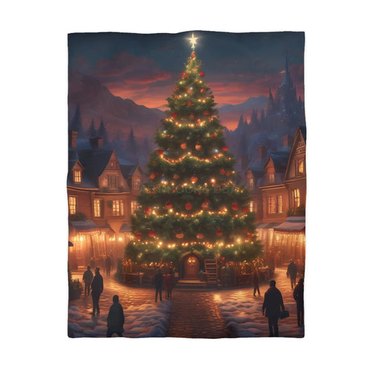 Cozy Christmas Tree in Town Square Microfiber Duvet Cover Holiday Bedding Christmas Decor Winter Wonderland Yuletide