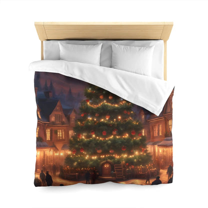 Cozy Christmas Tree in Town Square Microfiber Duvet Cover Holiday Bedding Christmas Decor Winter Wonderland Yuletide