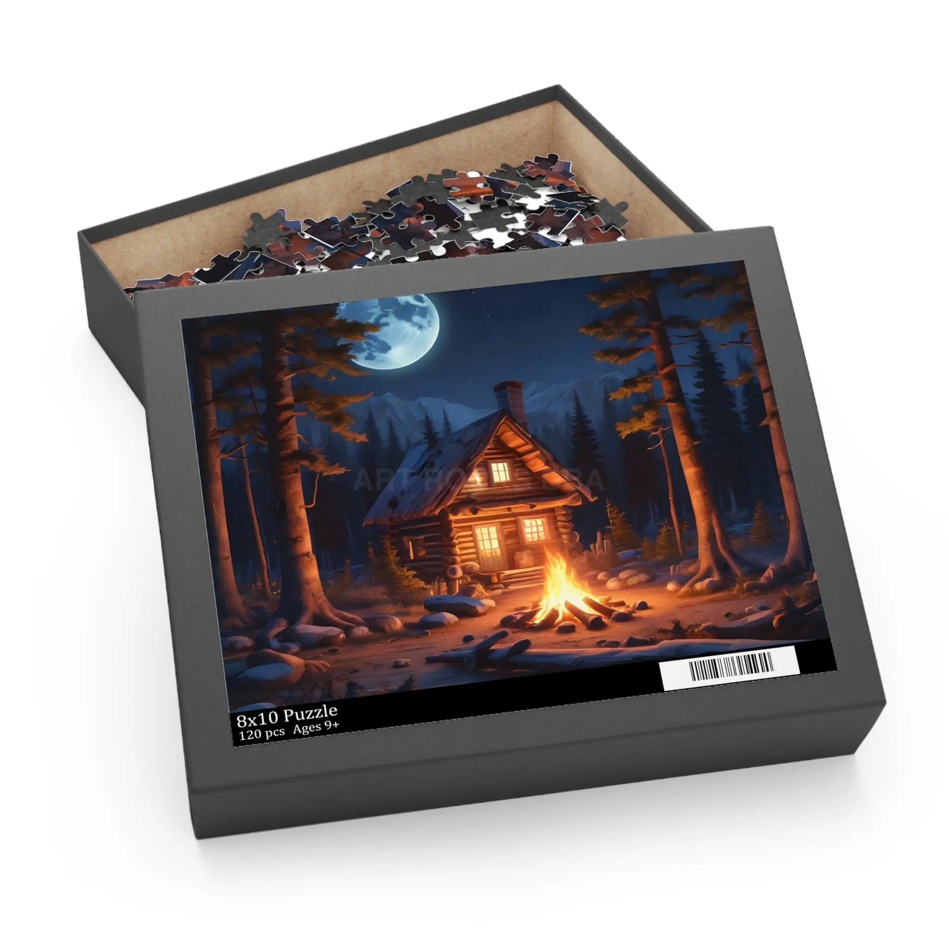 Cozy Moonlit Cabin Campfire Jigsaw Puzzle — 120/252/500-Piece - 10’’ × 8’’ (120 pcs) - Puzzle
