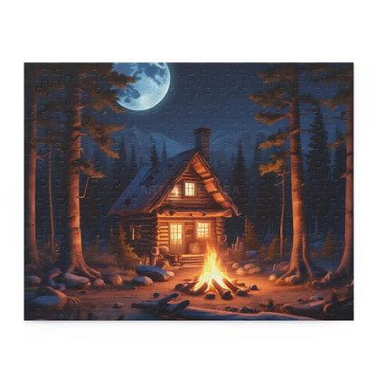 Cozy Moonlit Cabin Campfire Jigsaw Puzzle — 120/252/500-Piece - 14’’ × 11’’ (252 pcs) - Puzzle