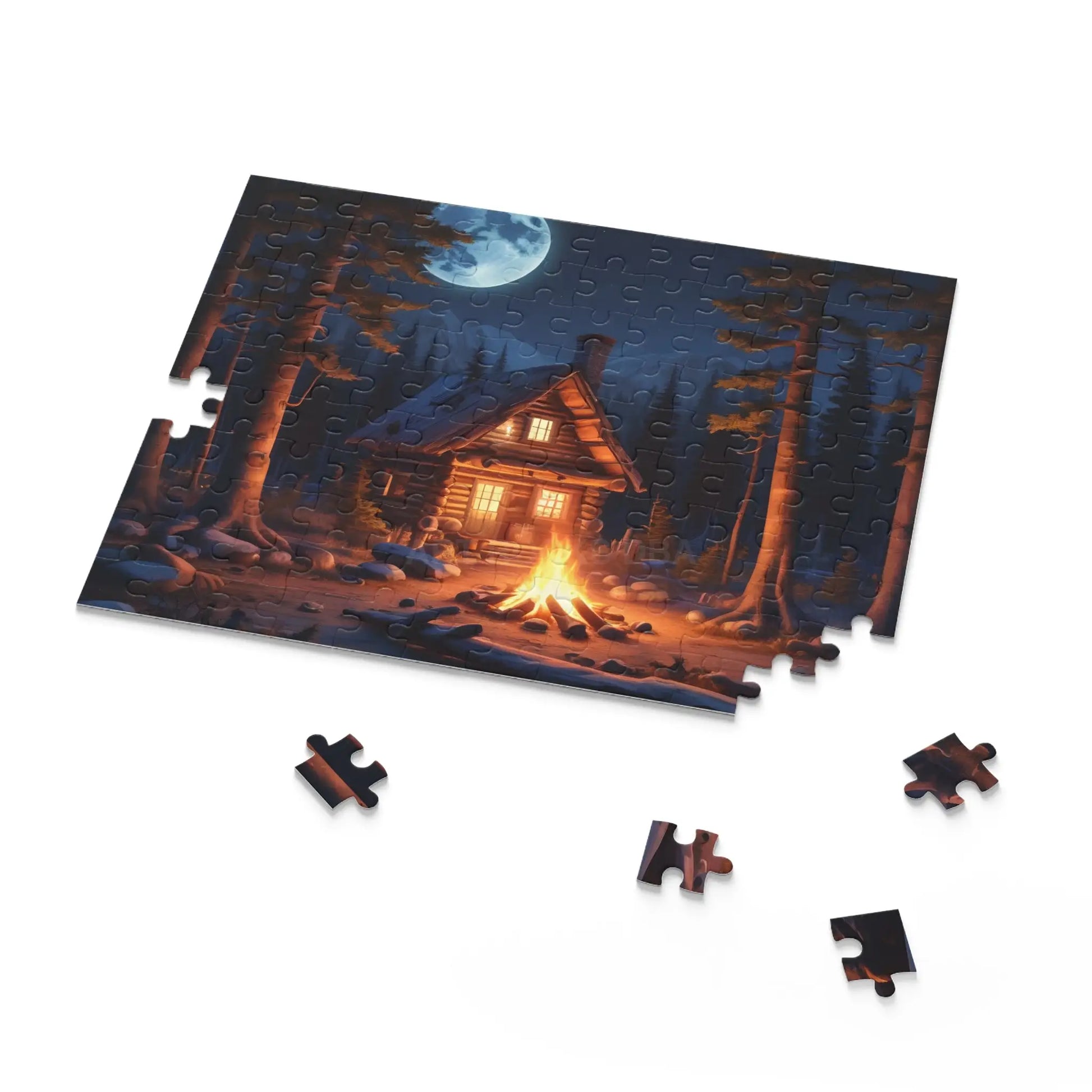 Cozy Moonlit Cabin Campfire Jigsaw Puzzle — 120/252/500-Piece - Puzzle