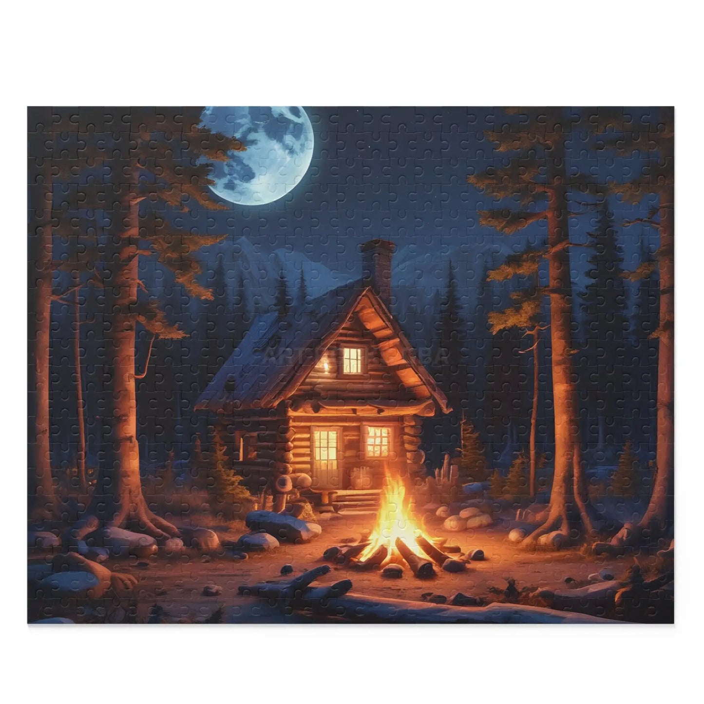 Cozy Moonlit Cabin Campfire Jigsaw Puzzle — 120/252/500-Piece - 20’’ × 16’’ (500 pcs) - Puzzle