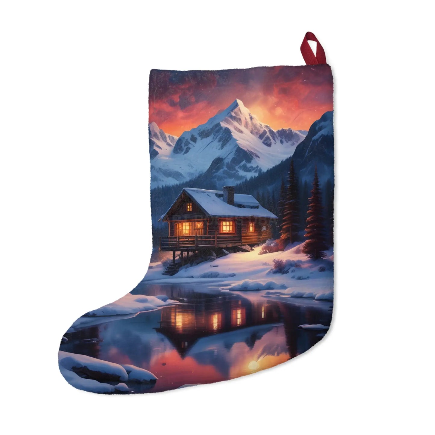 Cozy Mountain Cabin Christmas Stocking — Winter Lodge Snowy Night Holiday Decor - One size - Home Decor