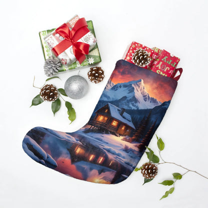 Cozy Mountain Cabin Christmas Stocking — Winter Lodge Snowy Night Holiday Decor - One size - Home Decor