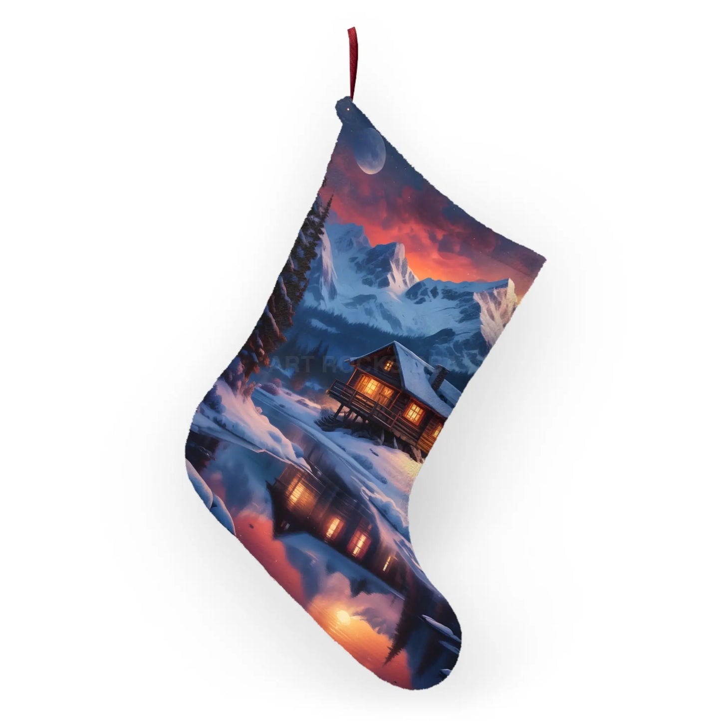 Cozy Mountain Cabin Christmas Stocking — Winter Lodge Snowy Night Holiday Decor - One size - Home Decor