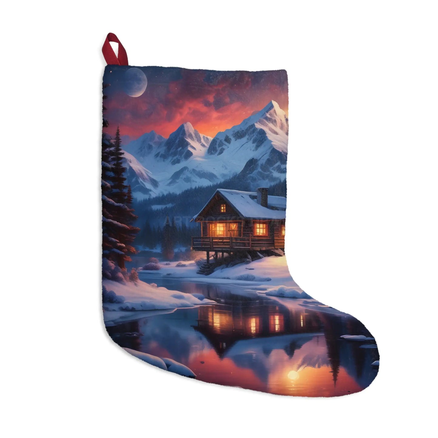 Cozy Mountain Cabin Christmas Stocking — Winter Lodge Snowy Night Holiday Decor - One size - Home Decor