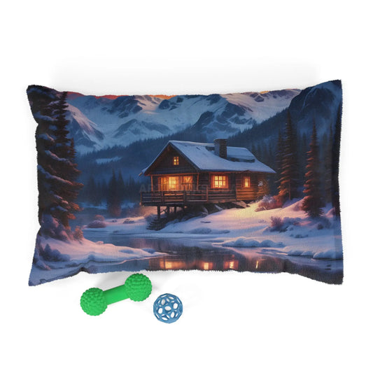 Cozy Mountain Cabin Pet Bed – Winter Lodge Scenic Dog Bed - 28’’ × 18’’ - Pets