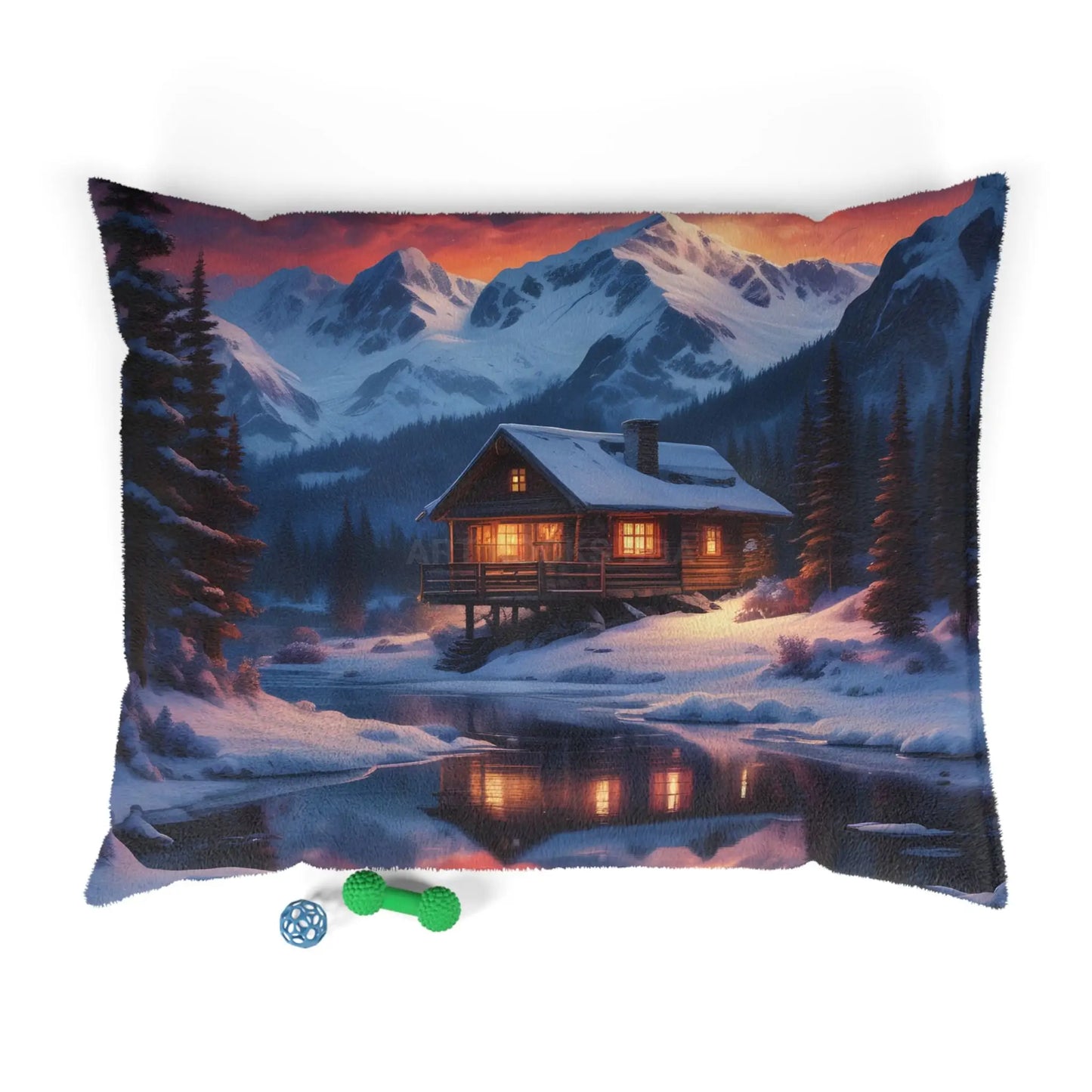 Cozy Mountain Cabin Pet Bed – Winter Lodge Scenic Dog Bed - 50’’ × 40’’ - Pets