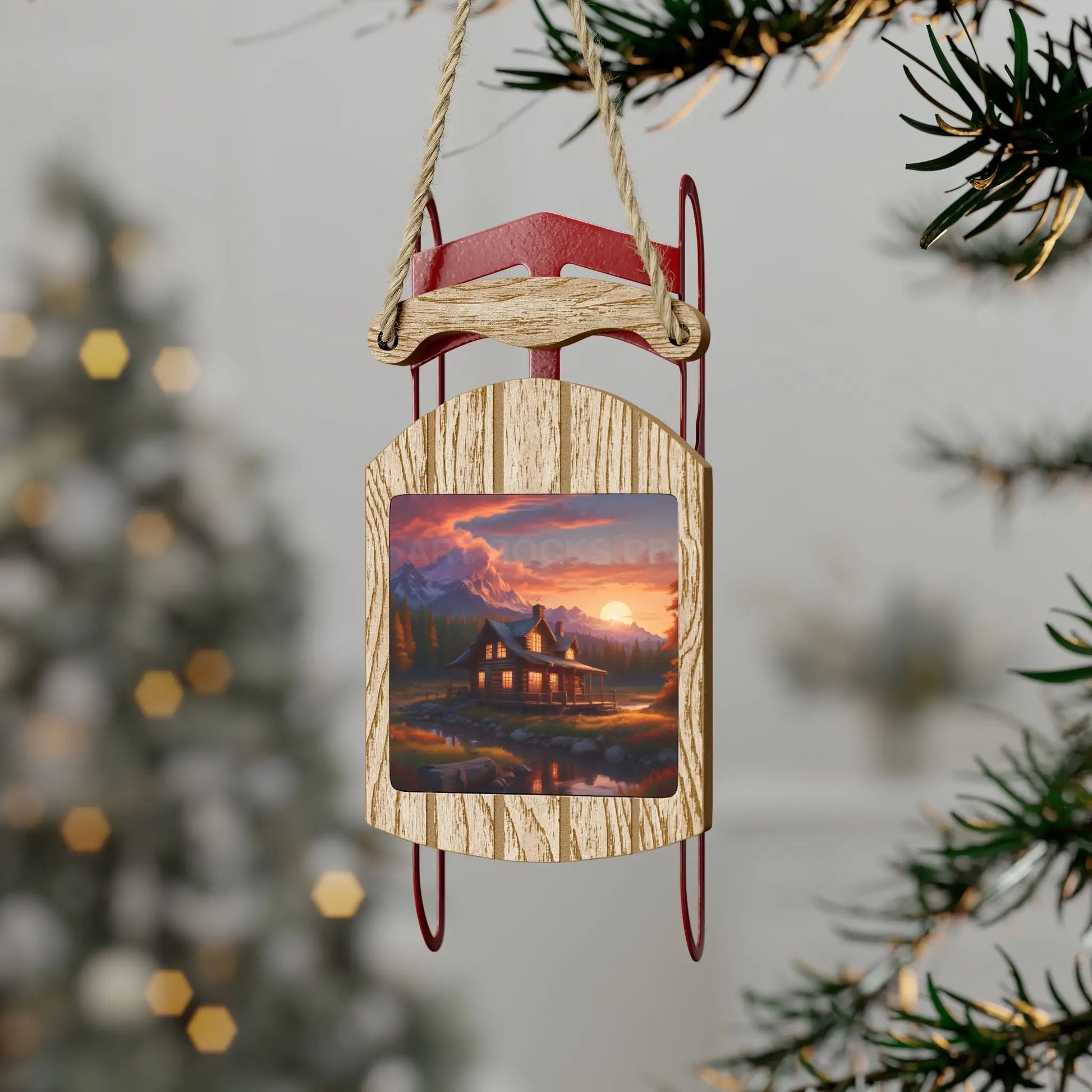 Cozy Mountain Cabin Sled Ornament — Sunset Cabin Sled Holiday Decor - 2.1’’ × 4.6’’ / 1 pc - Home Decor