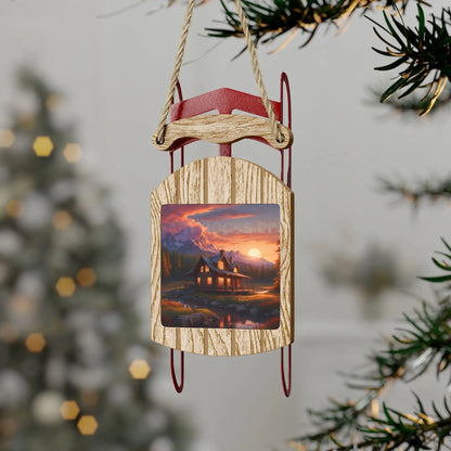 Cozy Mountain Cabin Sled Ornament — Sunset Cabin Sled Holiday Decor - 2.1’’ × 4.6’’ / 1 pc - Home Decor