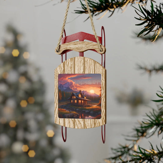Cozy Mountain Cabin Sled Ornament — Sunset Cabin Sled Holiday Decor - 2.1’’ × 4.6’’ / 1 pc - Home Decor