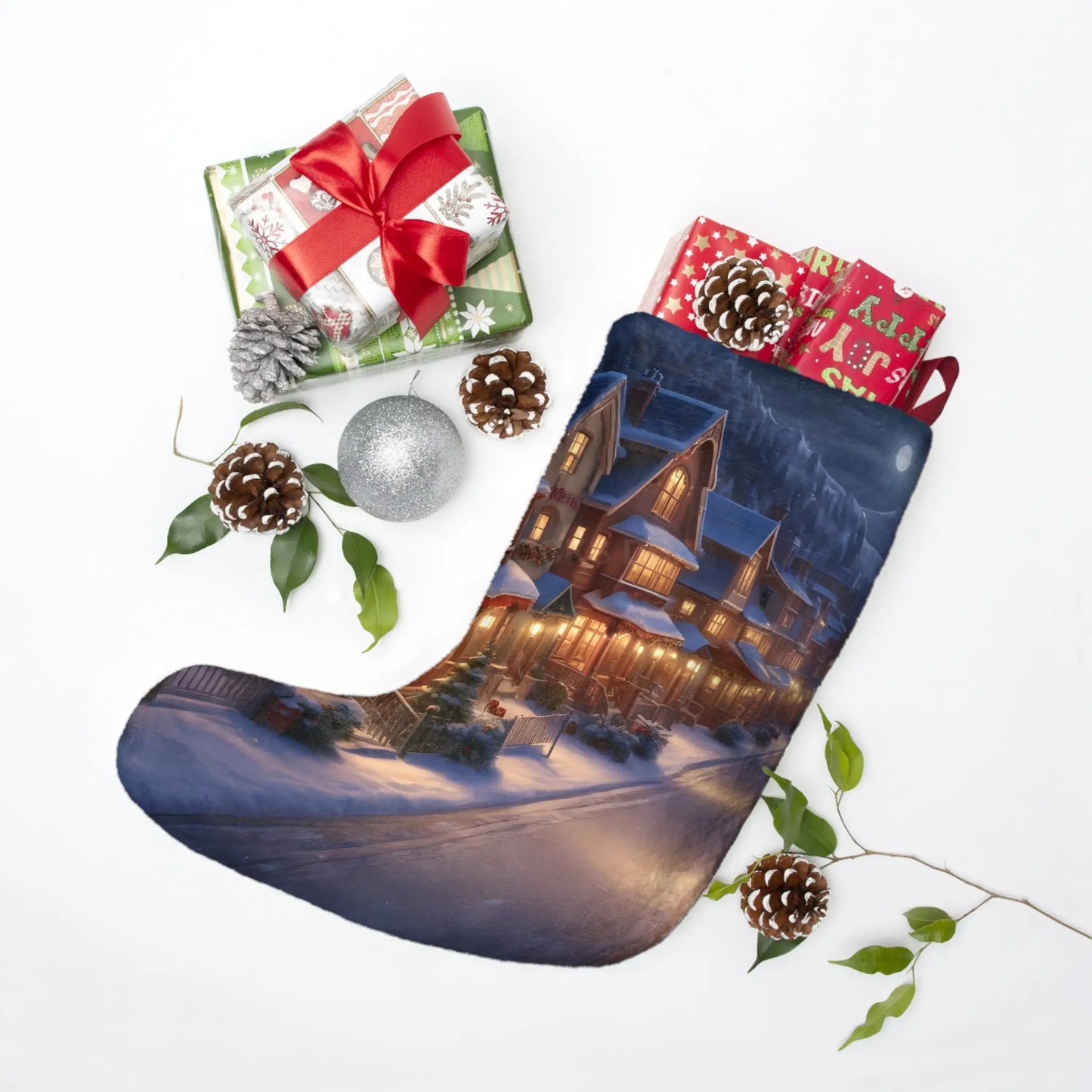 Cozy Snowy Village Christmas Stocking — Festive Holiday Mantel Decor - One size - Home Decor