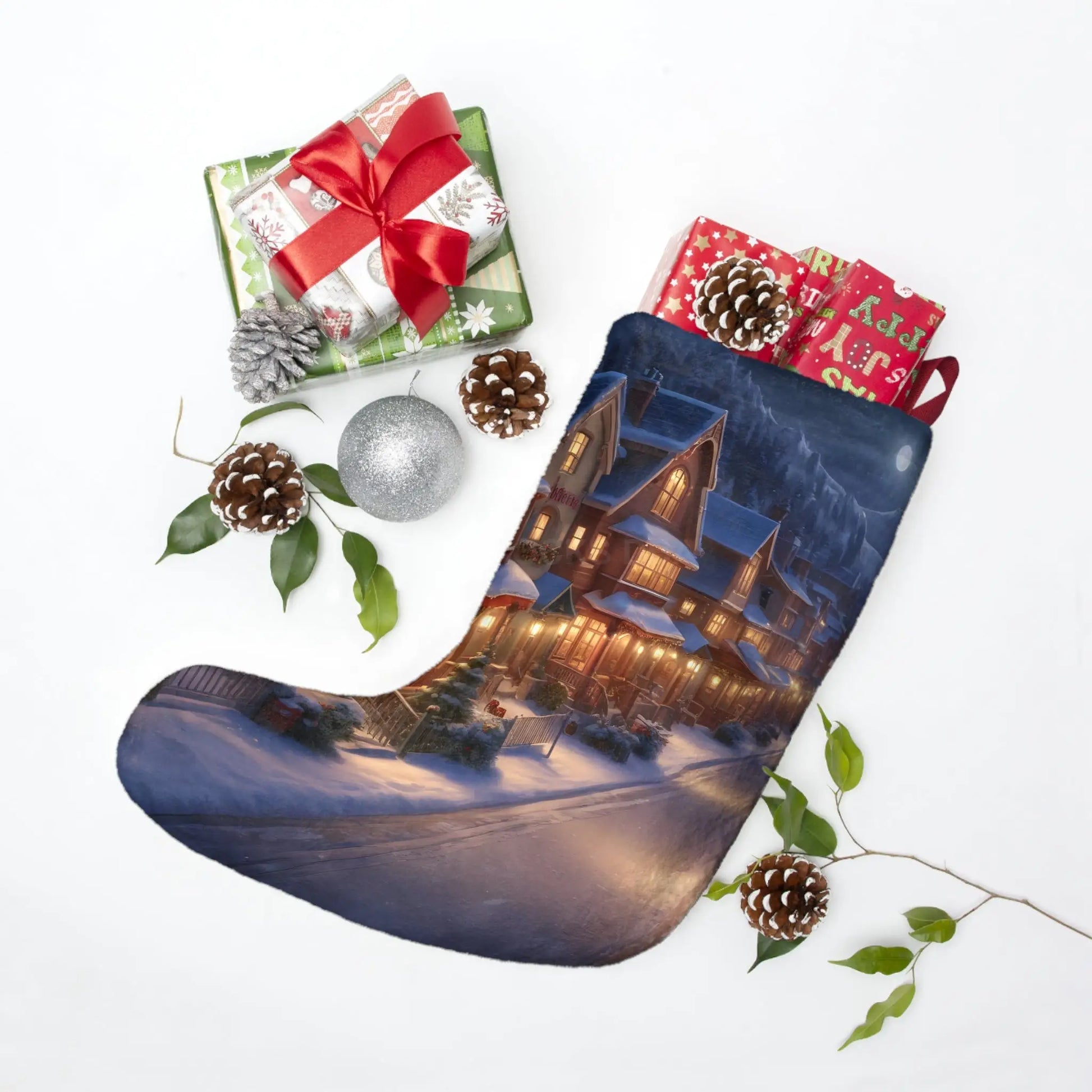 Cozy Snowy Village Christmas Stocking — Festive Holiday Mantel Decor - One size - Home Decor