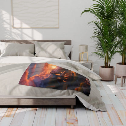 Cozy Sunset Cabin Mountain Scene Fleece Blanket | Warm Soft Throw for Home Cabin Decor Gift for Nature Lovers Camping