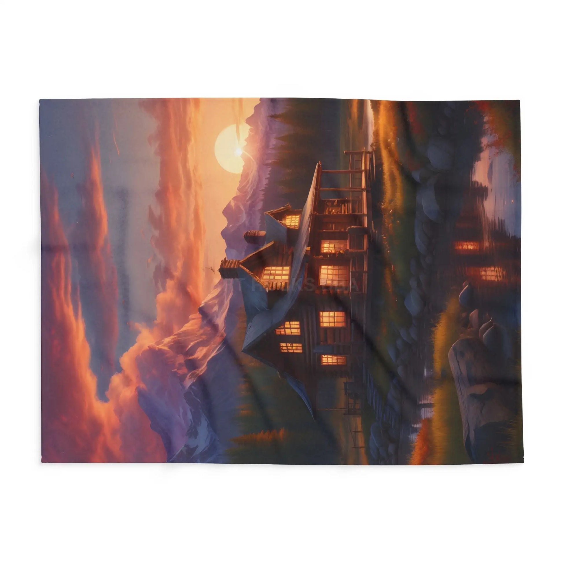 Cozy Sunset Cabin Mountain Scene Fleece Blanket | Warm Soft Throw for Home Cabin Decor Gift for Nature Lovers Camping