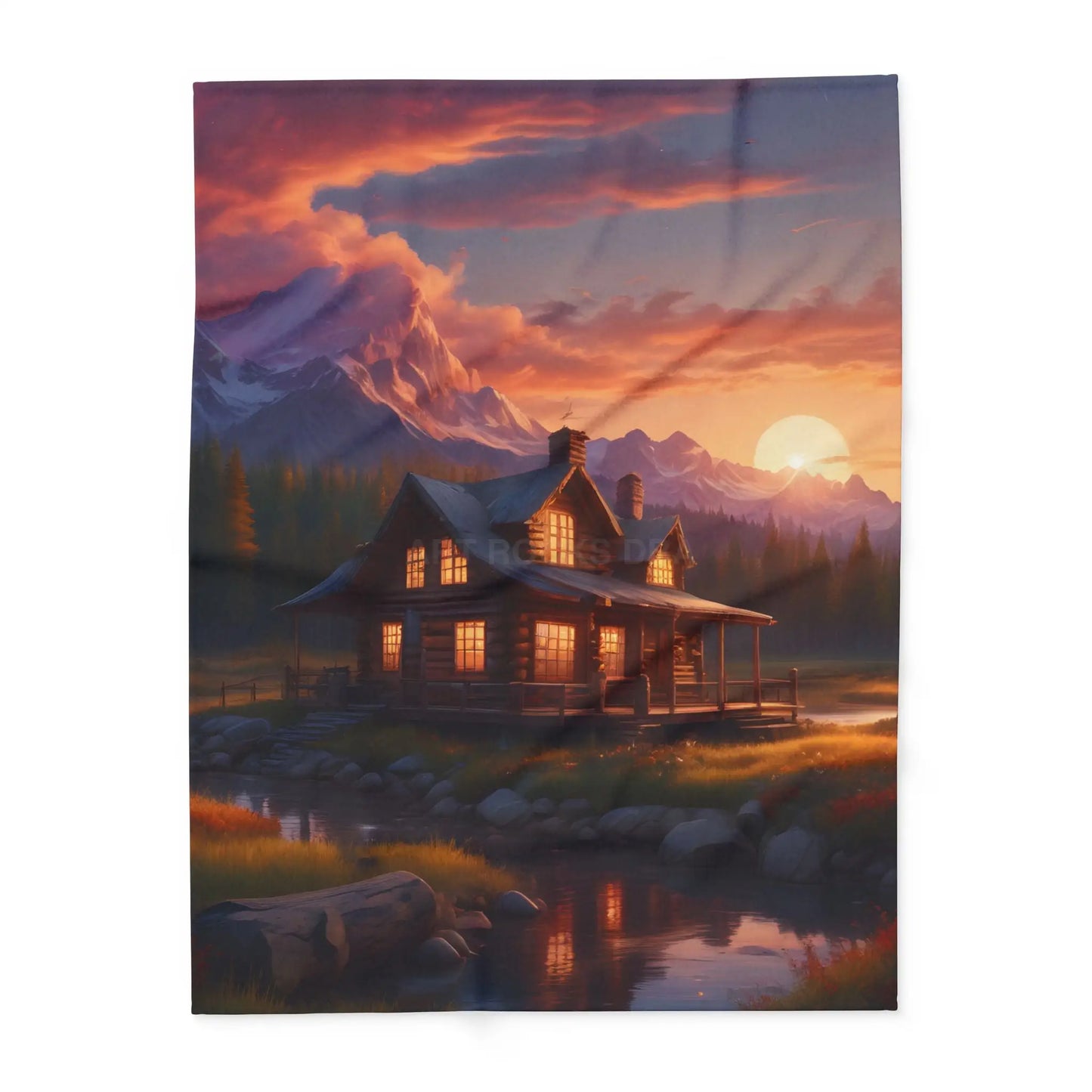 Cozy Sunset Cabin Mountain Scene Fleece Blanket | Warm Soft Throw for Home Cabin Decor Gift for Nature Lovers Camping