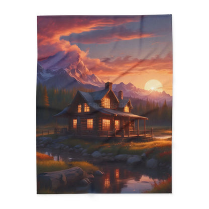 Cozy Sunset Cabin Mountain Scene Fleece Blanket | Warm Soft Throw for Home Cabin Decor Gift for Nature Lovers Camping