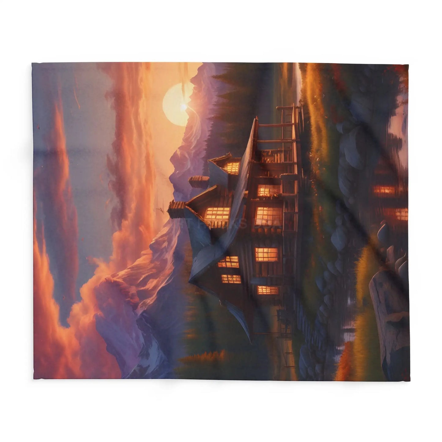 Cozy Sunset Cabin Mountain Scene Fleece Blanket | Warm Soft Throw for Home Cabin Decor Gift for Nature Lovers Camping