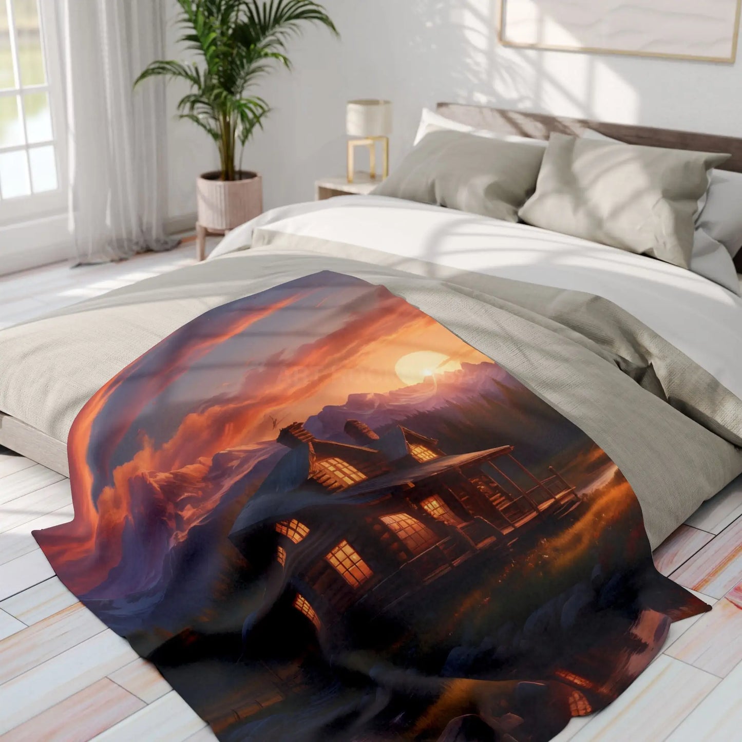 Cozy Sunset Cabin Mountain Scene Fleece Blanket | Warm Soft Throw for Home Cabin Decor Gift for Nature Lovers Camping