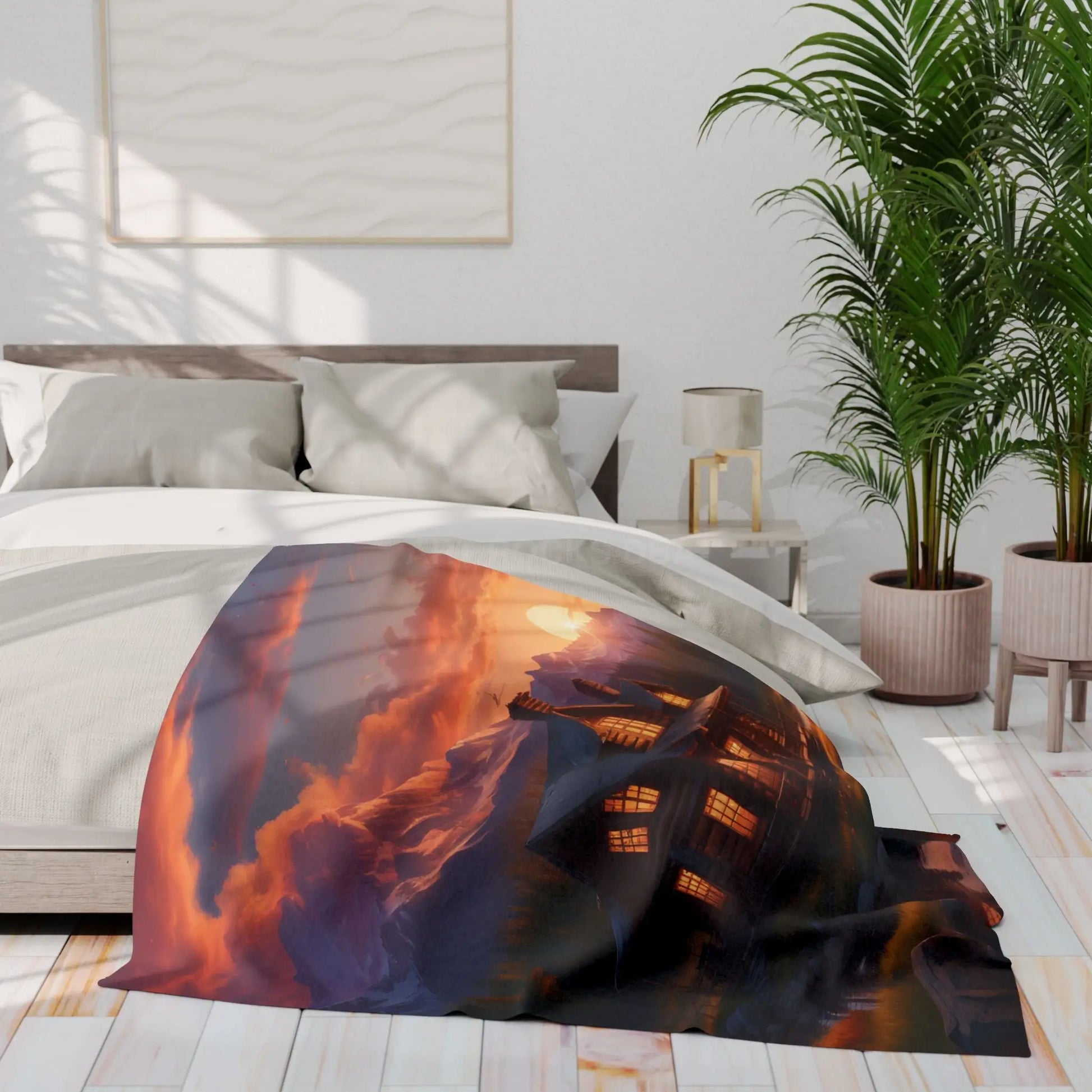 Cozy Sunset Cabin Mountain Scene Fleece Blanket | Warm Soft Throw for Home Cabin Decor Gift for Nature Lovers Camping