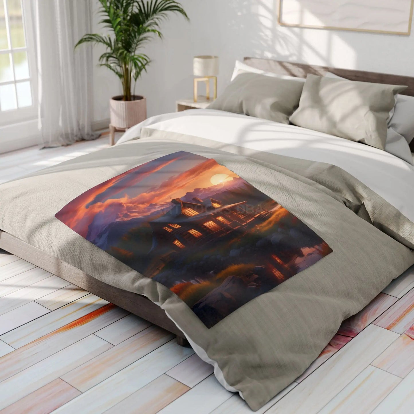 Cozy Sunset Cabin Mountain Scene Fleece Blanket | Warm Soft Throw for Home Cabin Decor Gift for Nature Lovers Camping