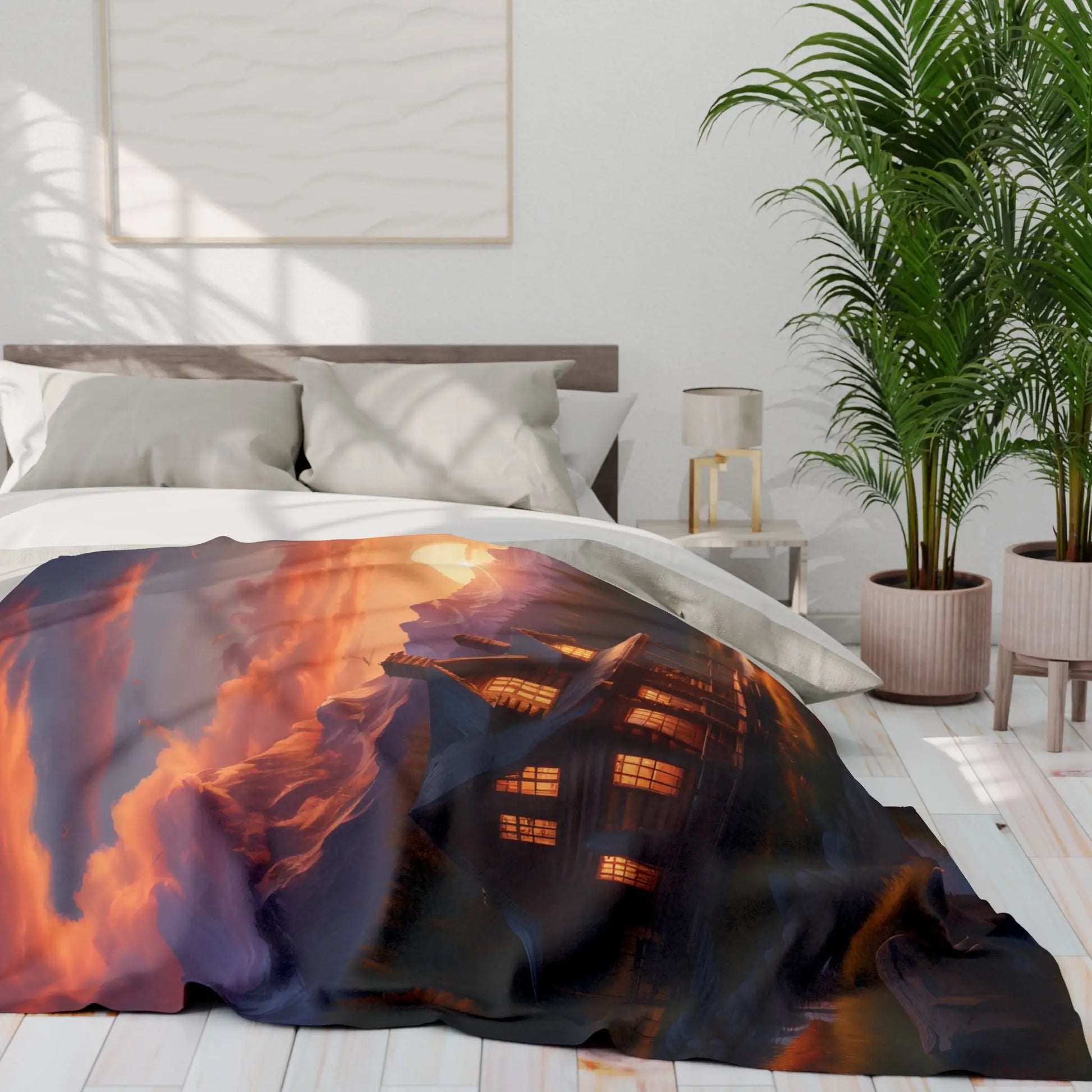 Cozy Sunset Cabin Mountain Scene Fleece Blanket | Warm Soft Throw for Home Cabin Decor Gift for Nature Lovers Camping