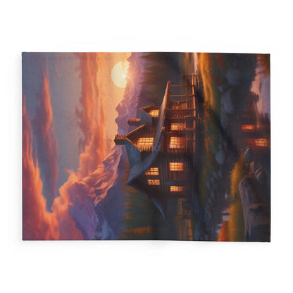 Cozy Sunset Cabin Mountain Scene Fleece Blanket | Warm Soft Throw for Home Cabin Decor Gift for Nature Lovers Camping